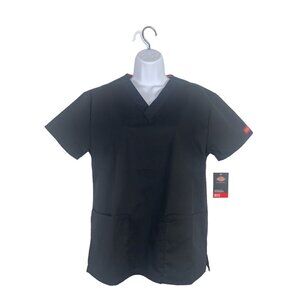Dickies Womens Top Medical Nursing Black Scrub V-Neck Short Sleeve Pockets XS